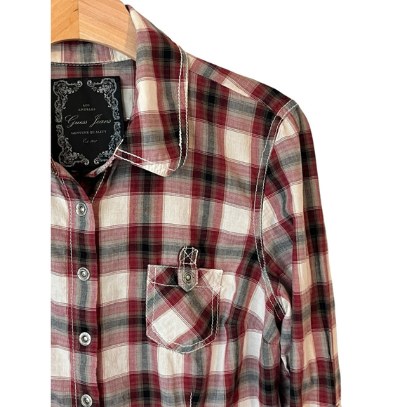 GUESS Button Up Shirt Women's Large Burgundy Plaid Embroidered - Picture 3 of 10